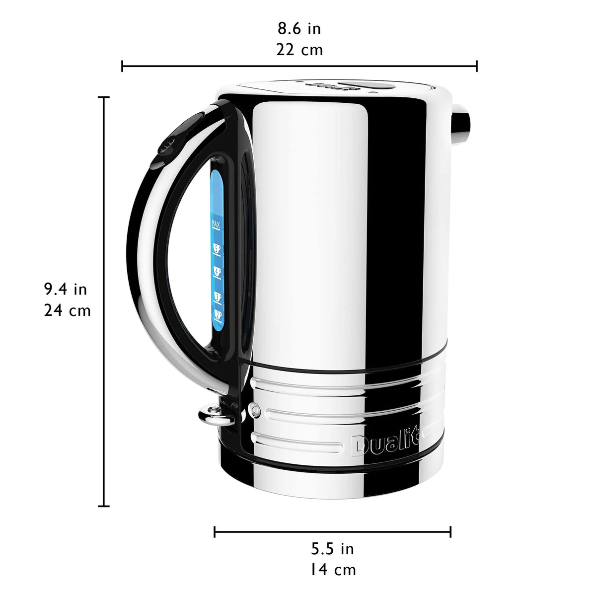 A stainless steel and black electric kettle with dimension lines and measurements showing width, height, and depth on a white background.