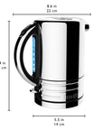 A stainless steel and black electric kettle with dimension lines and measurements showing width, height, and depth on a white background.