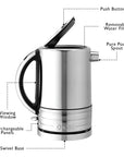 A stainless steel electric kettle with black accents, shown with callout lines and text labels pointing to features such as the push button lid, removable water filter, pure pour spout, viewing window, interchangeable panels, and 360° swivel base on a white background.