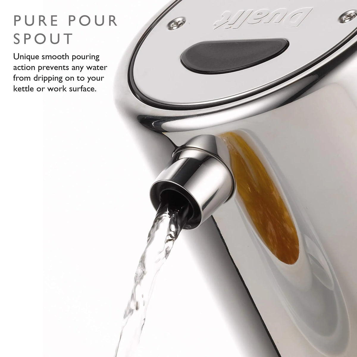 Stainless steel kettle with Dualit branding and 'Pure Pour' spout feature.