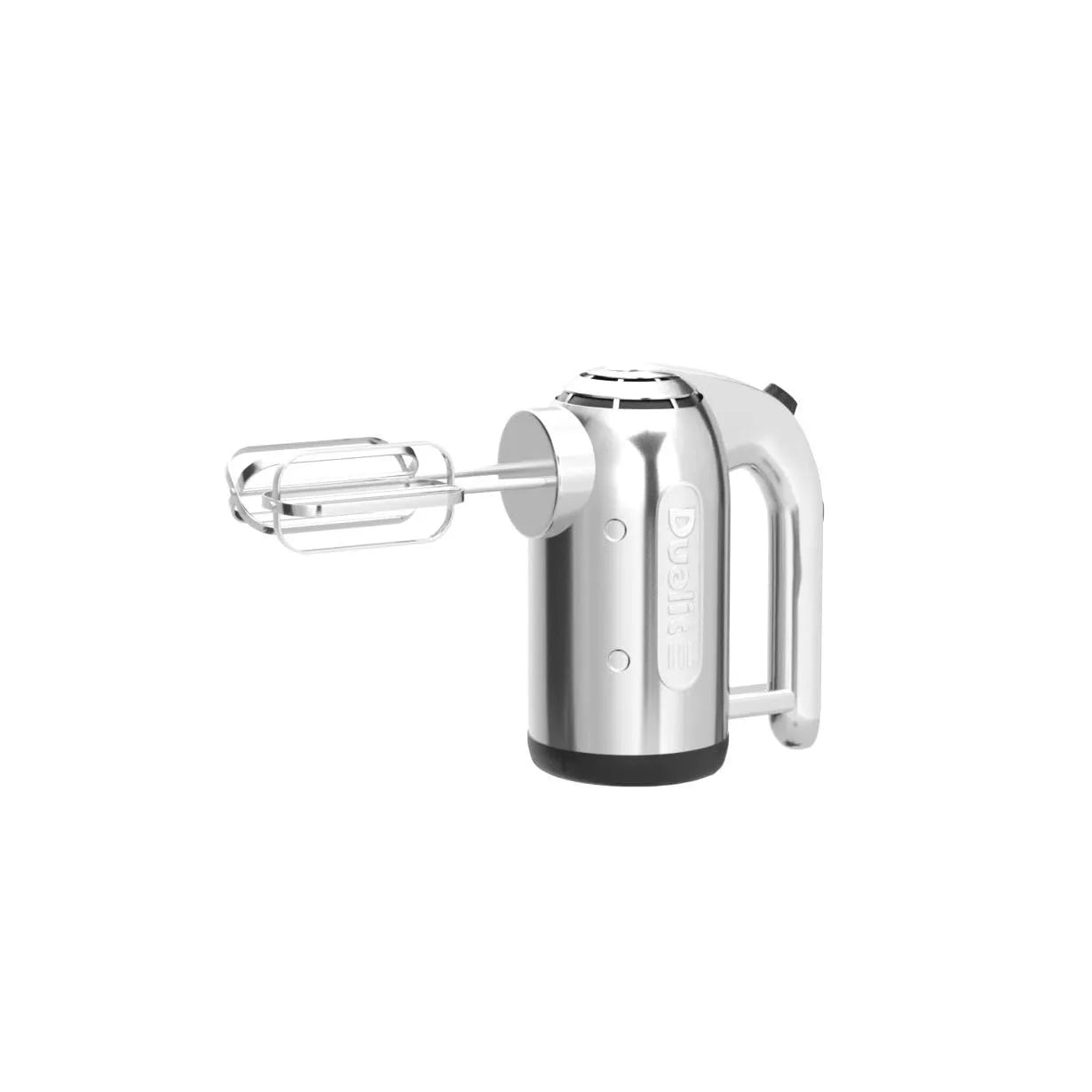 A stainless steel hand mixer with two beaters, shown from a three-quarters angle on a solid white background.