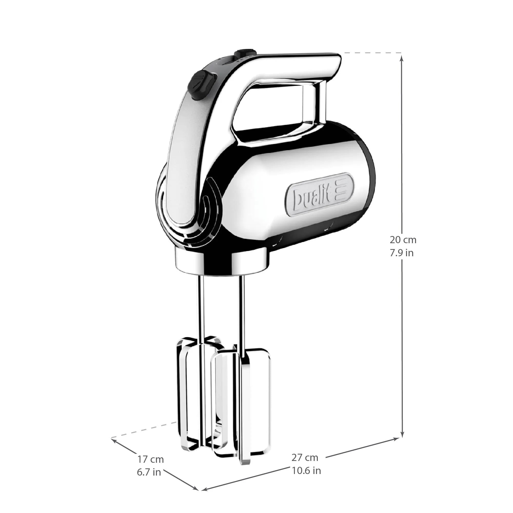 Hand mixer with measurement details on a white background