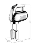 Hand mixer with measurement details on a white background