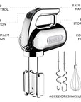 Hand mixer with features labeled on a white background