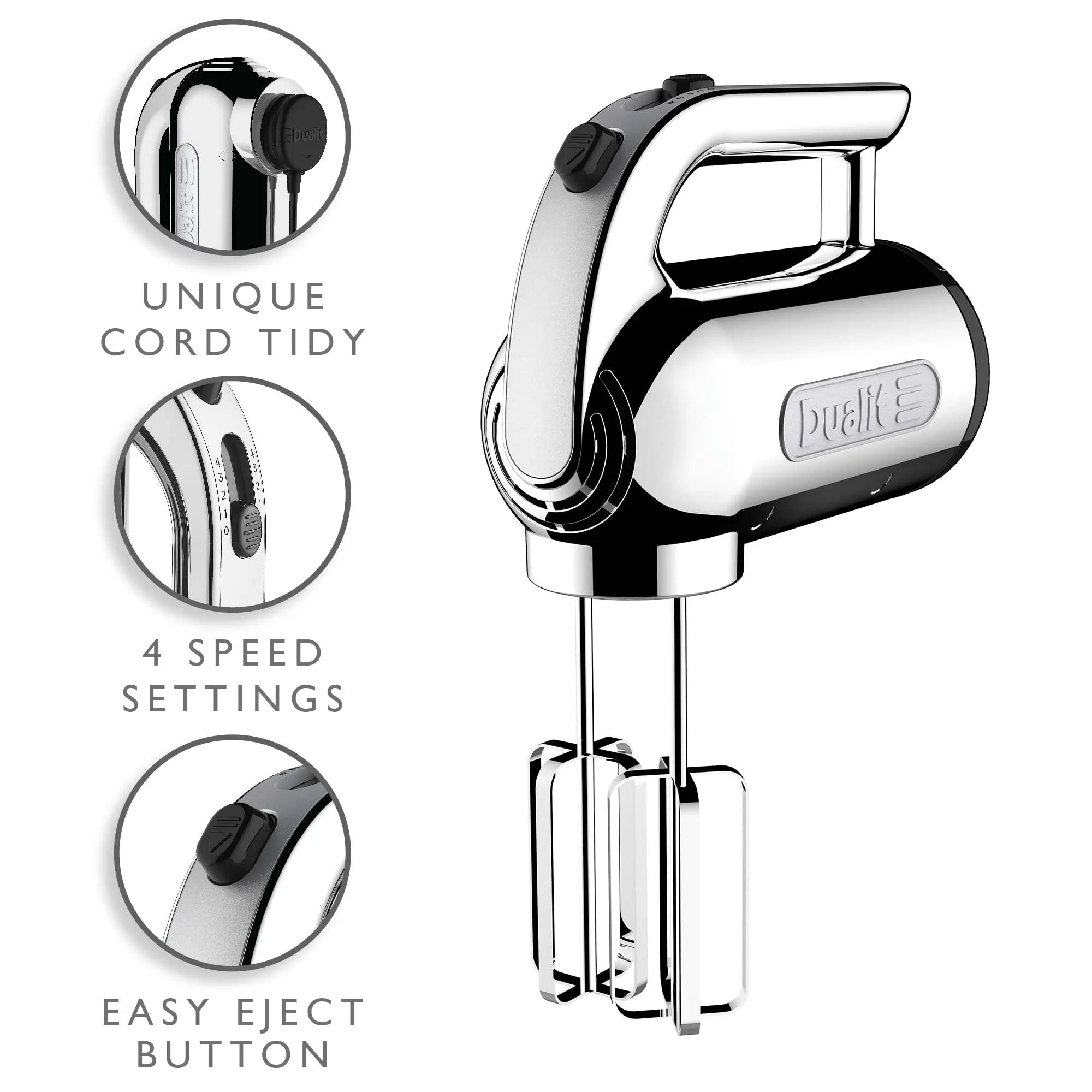 Dualit hand mixer with features highlighted on a white background