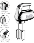 Dualit hand mixer with features highlighted on a white background
