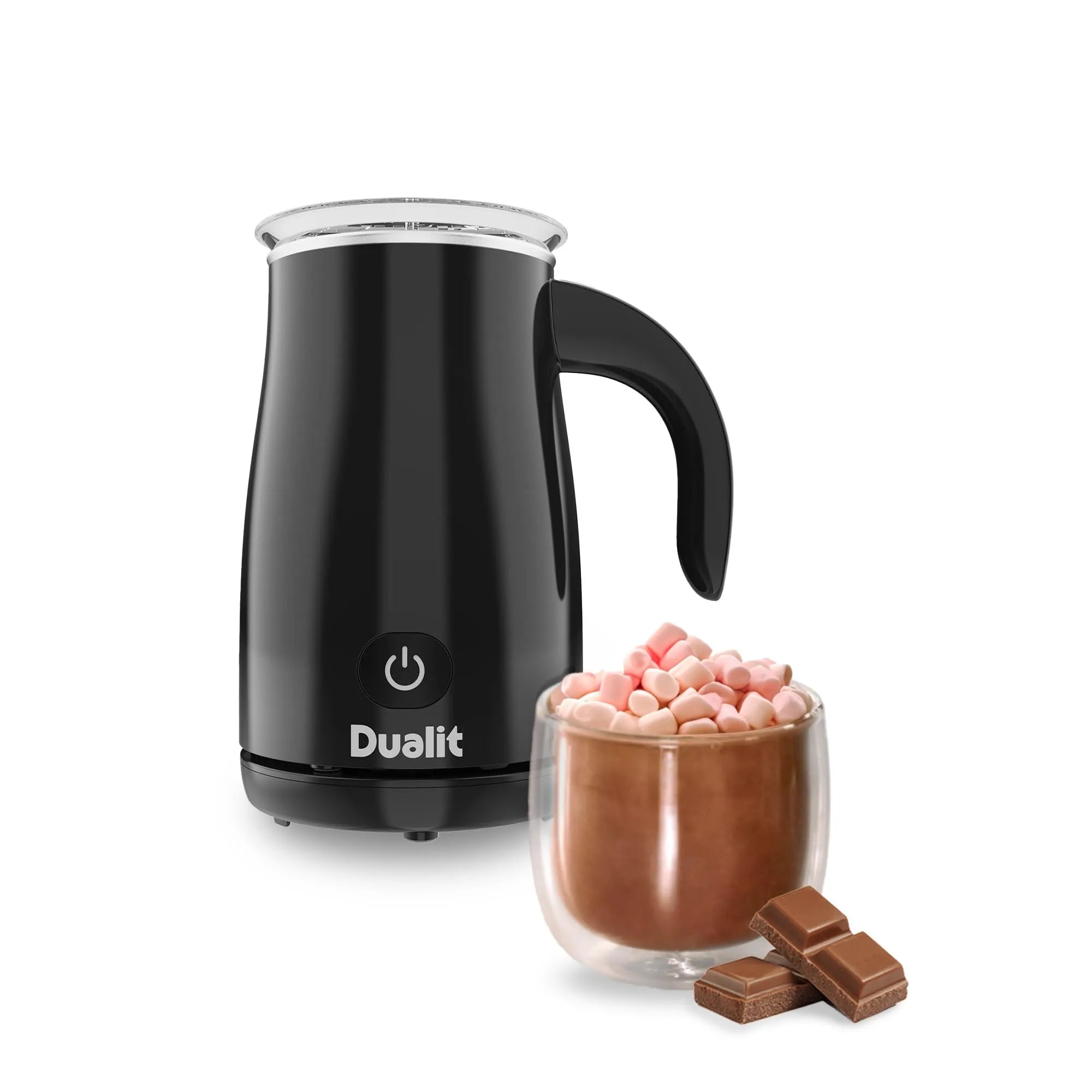 Black Dualit milk frother with a glass of hot chocolate and marshmallows on a white background