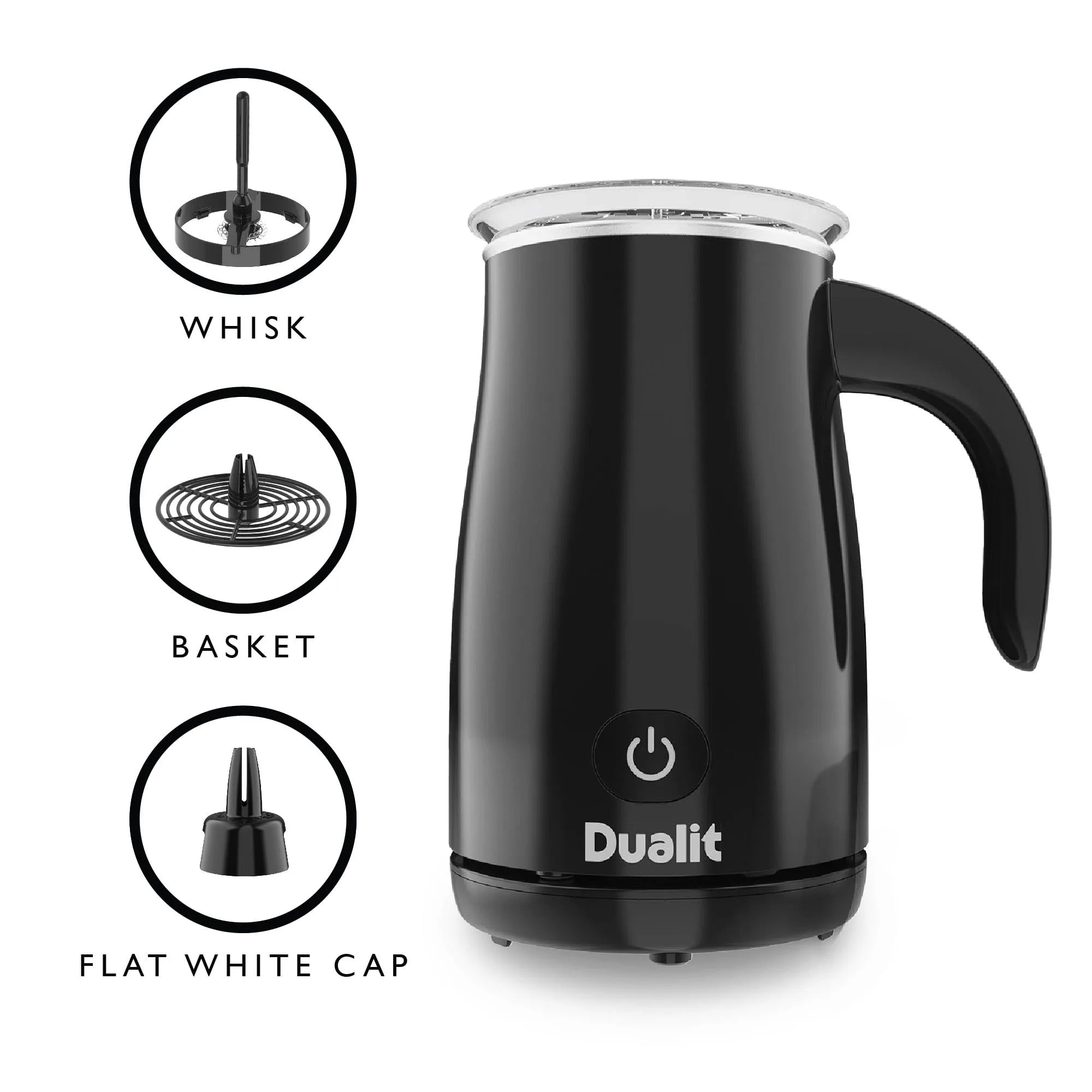 Black Dualit milk frother with attachments on a white background