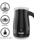 Black Dualit milk frother with attachments on a white background