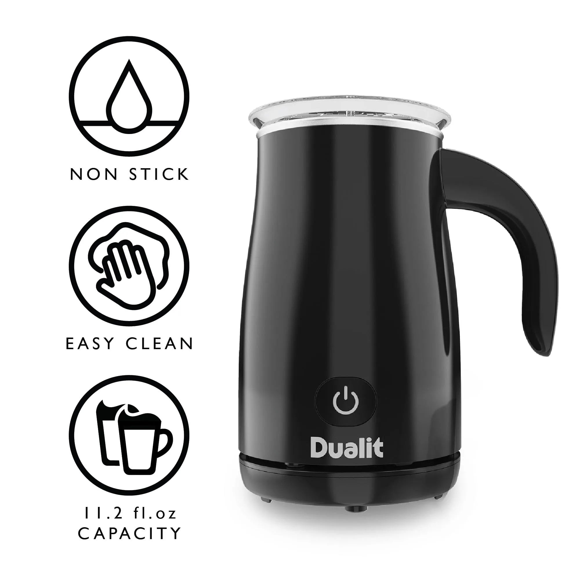 Black Dualit milk frother with features listed on a white background