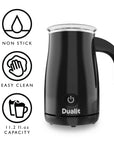 Black Dualit milk frother with features listed on a white background