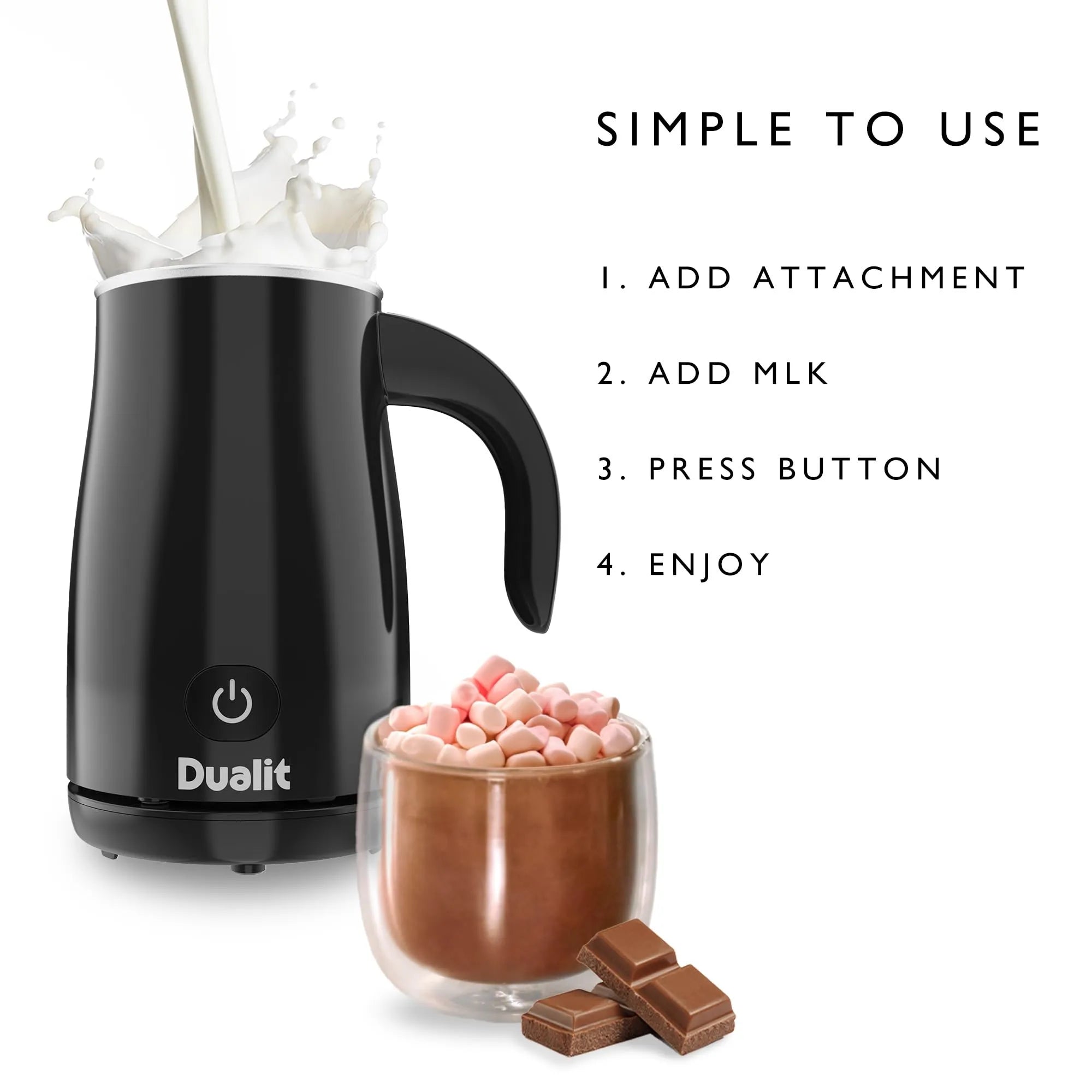 Black Dualit electric milk frother with milk splashing into it, shown next to a glass of hot chocolate topped with marshmallows and chocolate pieces on a white background, with text reading 'SIMPLE TO USE' and step-by-step instructions.