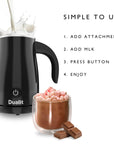 Black Dualit electric milk frother with milk splashing into it, shown next to a glass of hot chocolate topped with marshmallows and chocolate pieces on a white background, with text reading 'SIMPLE TO USE' and step-by-step instructions.