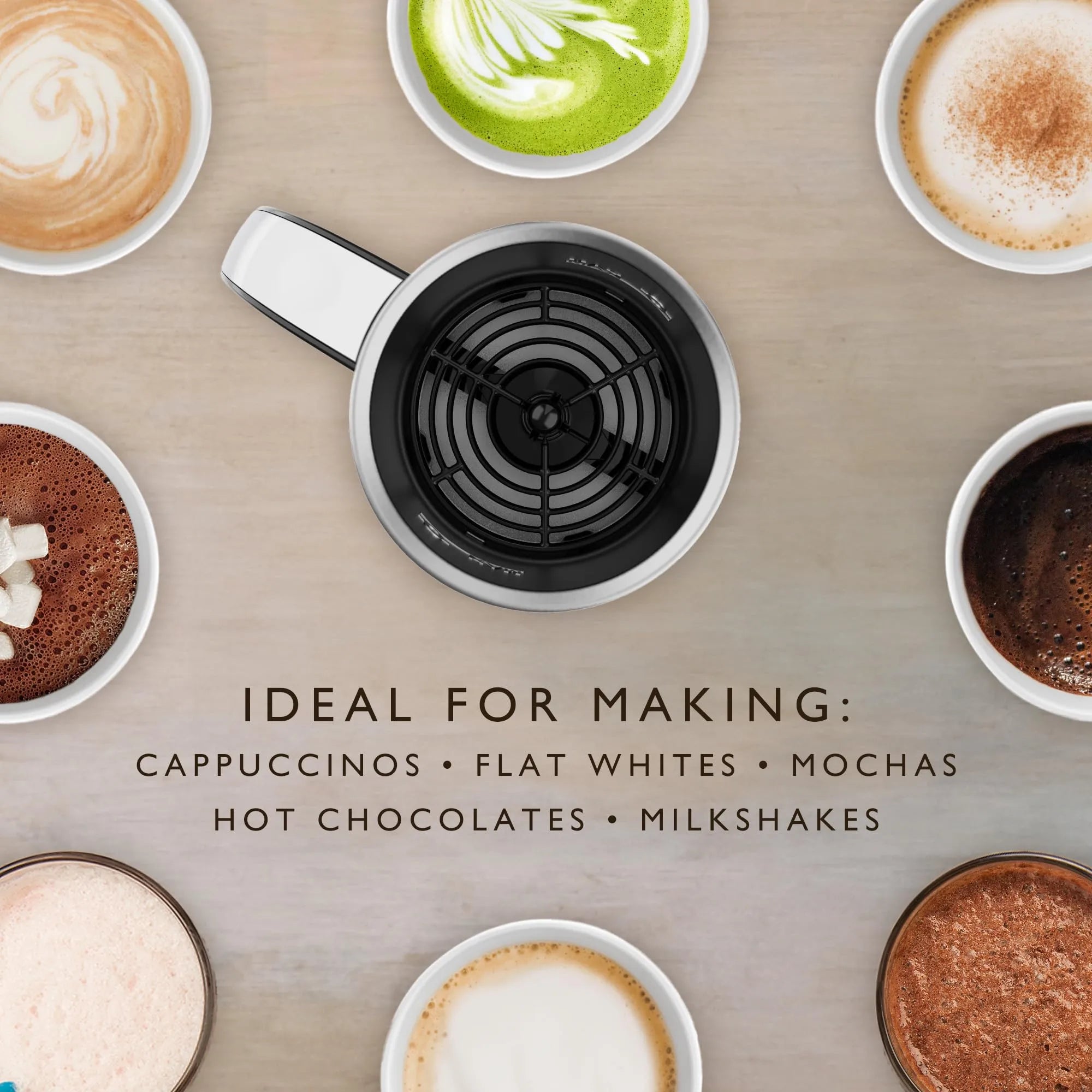 Collection of various coffee and latte art drinks on a wooden surface with text indicating the machine's capabilities.