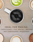 Collection of various coffee and latte art drinks on a wooden surface with text indicating the machine's capabilities.