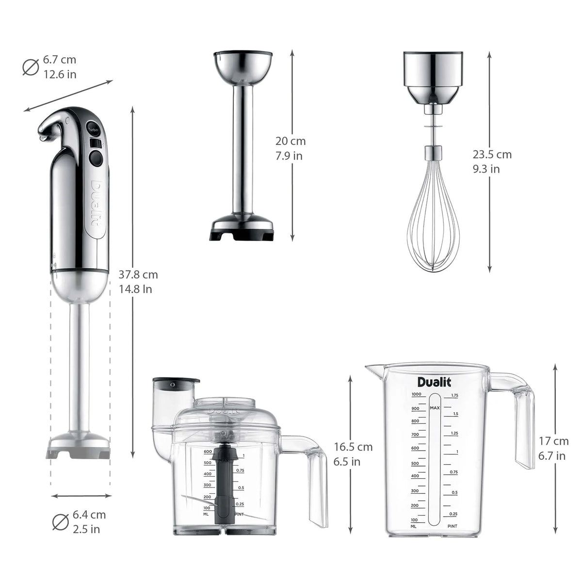 A product dimension diagram showing multiple parts of a Dualit hand blender set, including the main hand blender, whisk attachment, chopper attachment, and measuring cup, with labeled measurements in centimeters and inches on a white background.