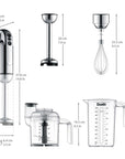 A product dimension diagram showing multiple parts of a Dualit hand blender set, including the main hand blender, whisk attachment, chopper attachment, and measuring cup, with labeled measurements in centimeters and inches on a white background.