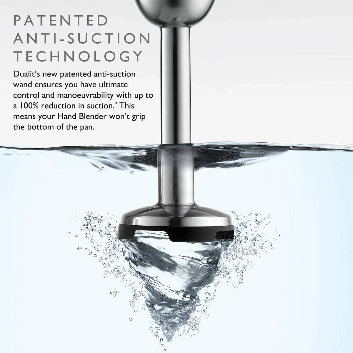 Hand blender with anti-suction technology feature on a light blue background