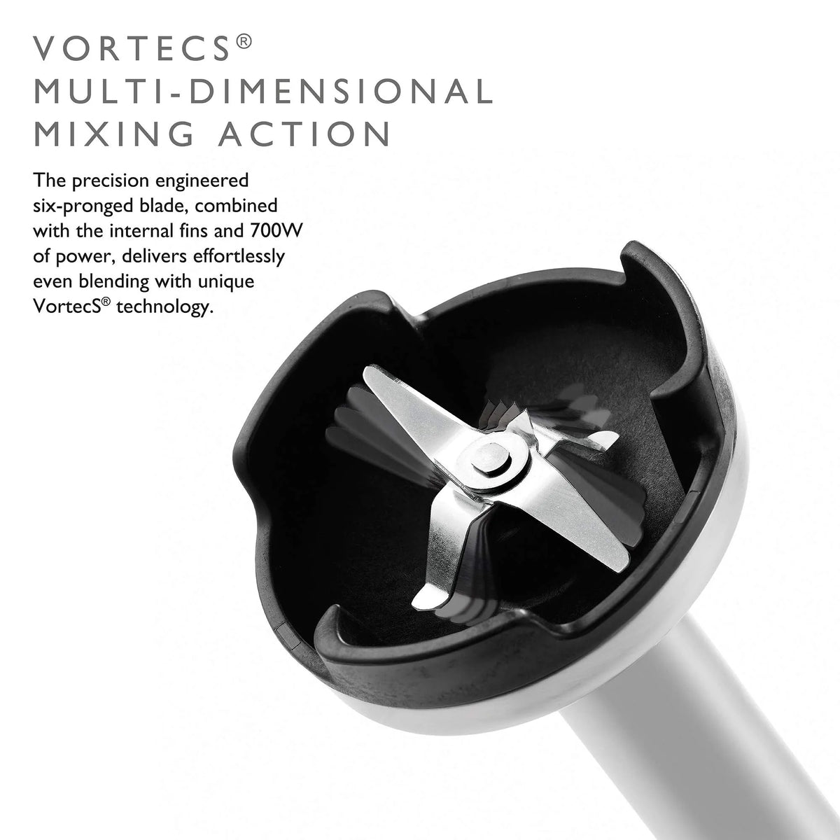 Close-up of a Vortecs multi-dimensional mixing action blade attachment with descriptive text on a white background.