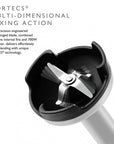 Close-up of a Vortecs multi-dimensional mixing action blade attachment with descriptive text on a white background.