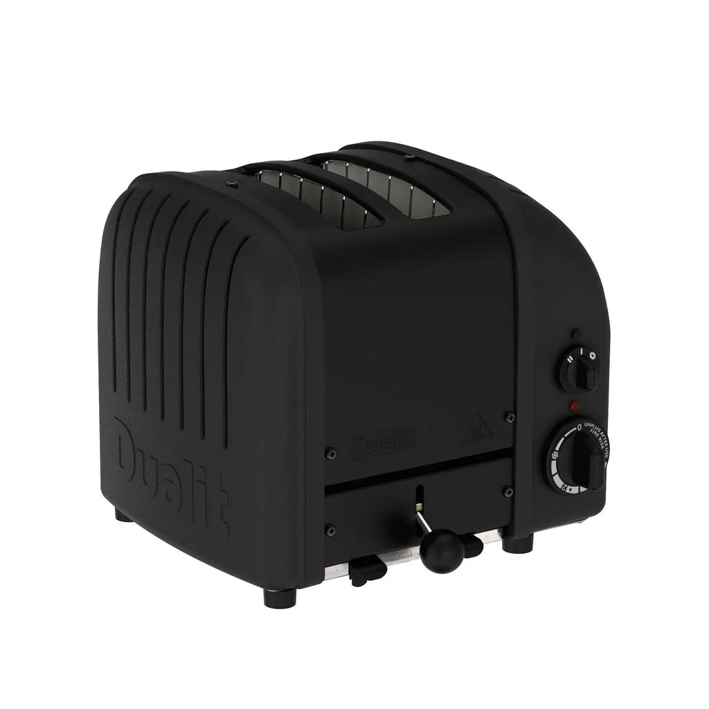 Black toaster with visible brand name on a white background