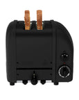 Black toaster with two slices of bread on a white background