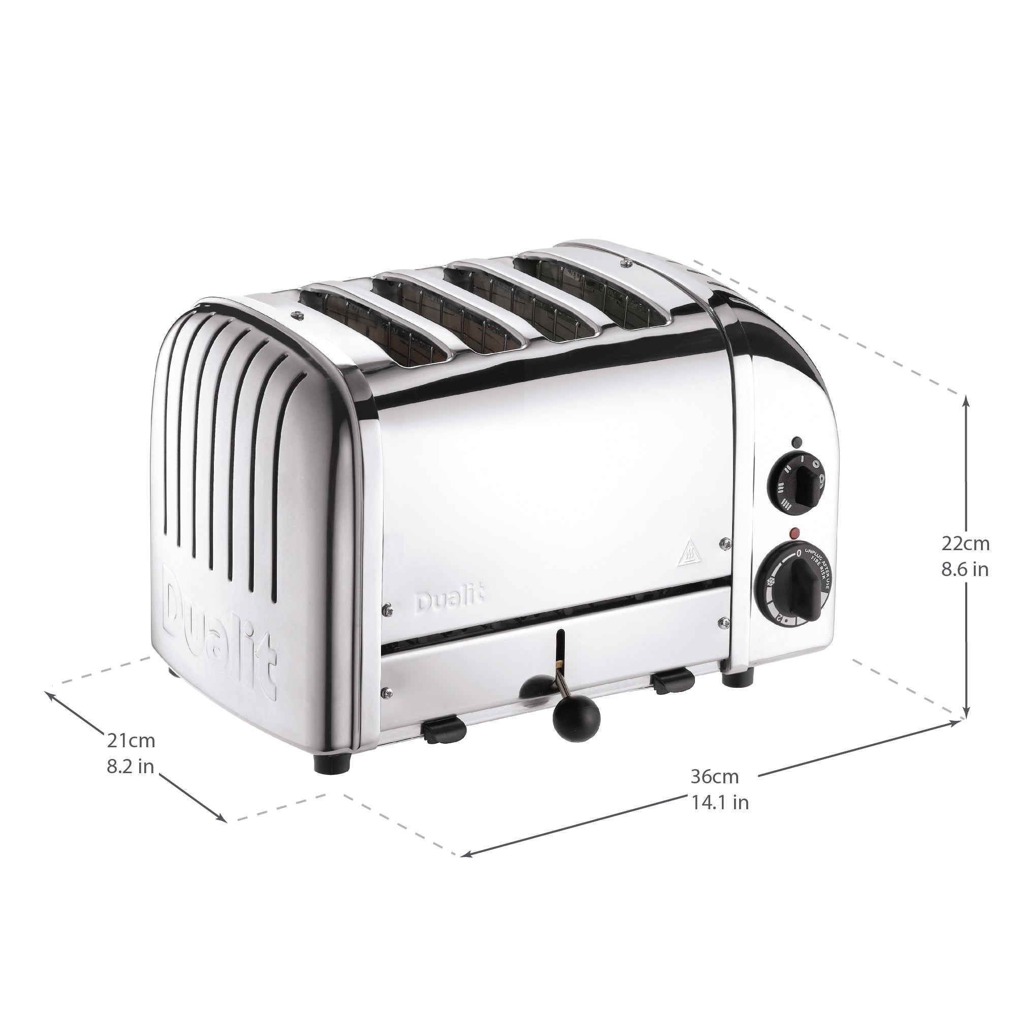 Silver toaster with dimensions indicated on a white background