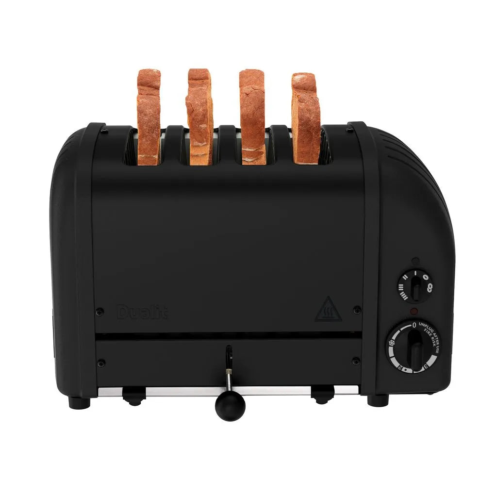 A black 4-slice toaster with four slices of toast emerging from the slots, shown from a front-facing angle on a plain white background.