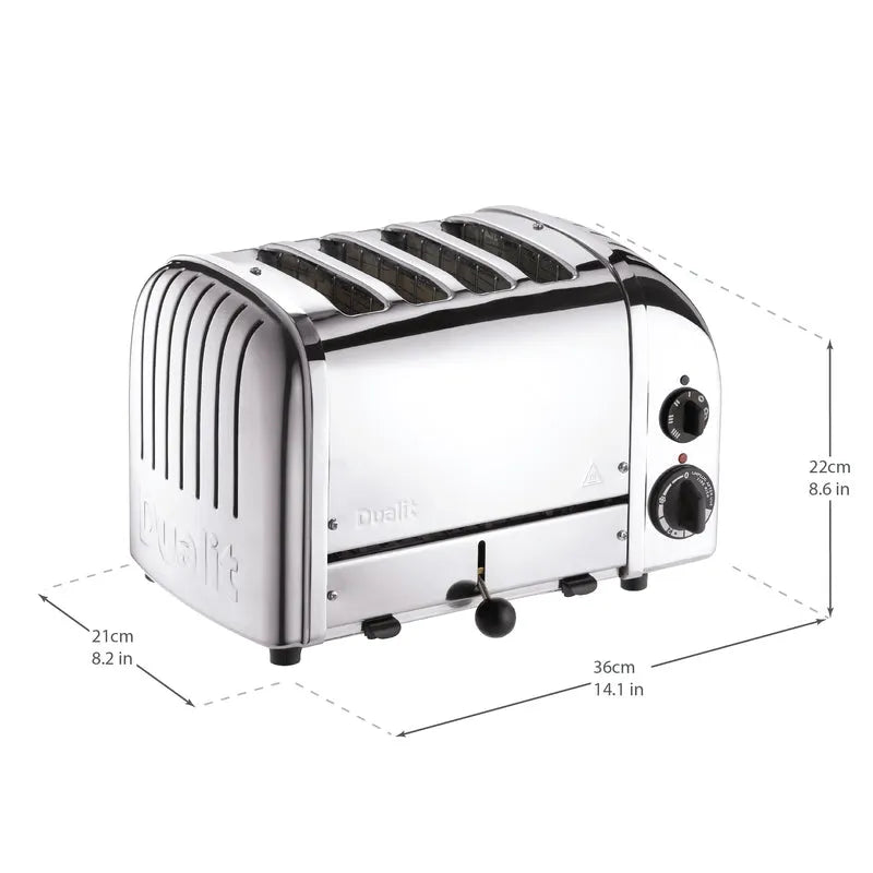 A stainless steel 4-slot toaster on a white background with dimension lines and labels showing its measurements: 21cm width, 36cm depth, and 22cm height.