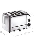A stainless steel 4-slot toaster on a white background with dimension lines and labels showing its measurements: 21cm width, 36cm depth, and 22cm height.