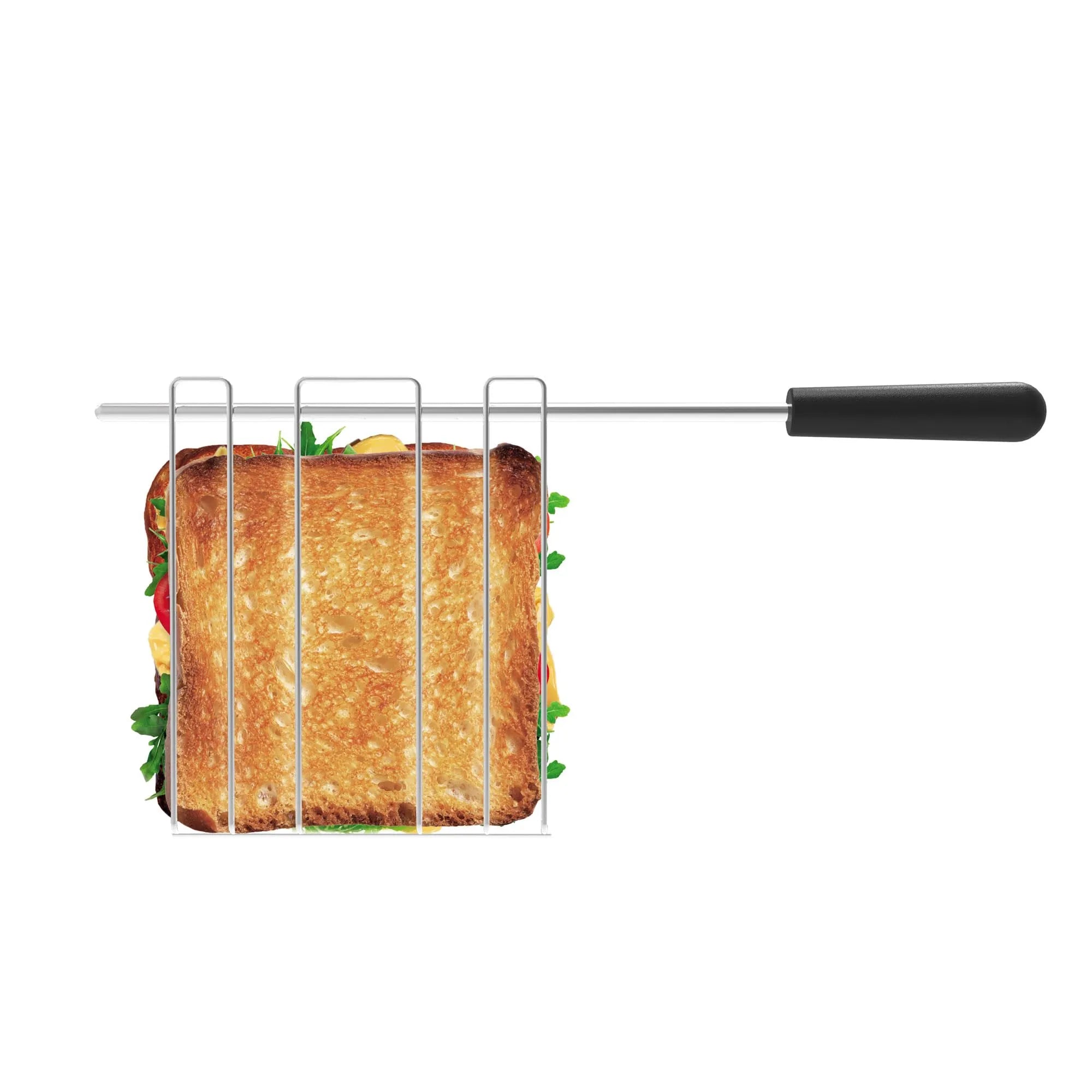 Metal sandwich cage with a grilled sandwich inside on a white background