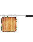 Metal sandwich cage with a grilled sandwich inside on a white background