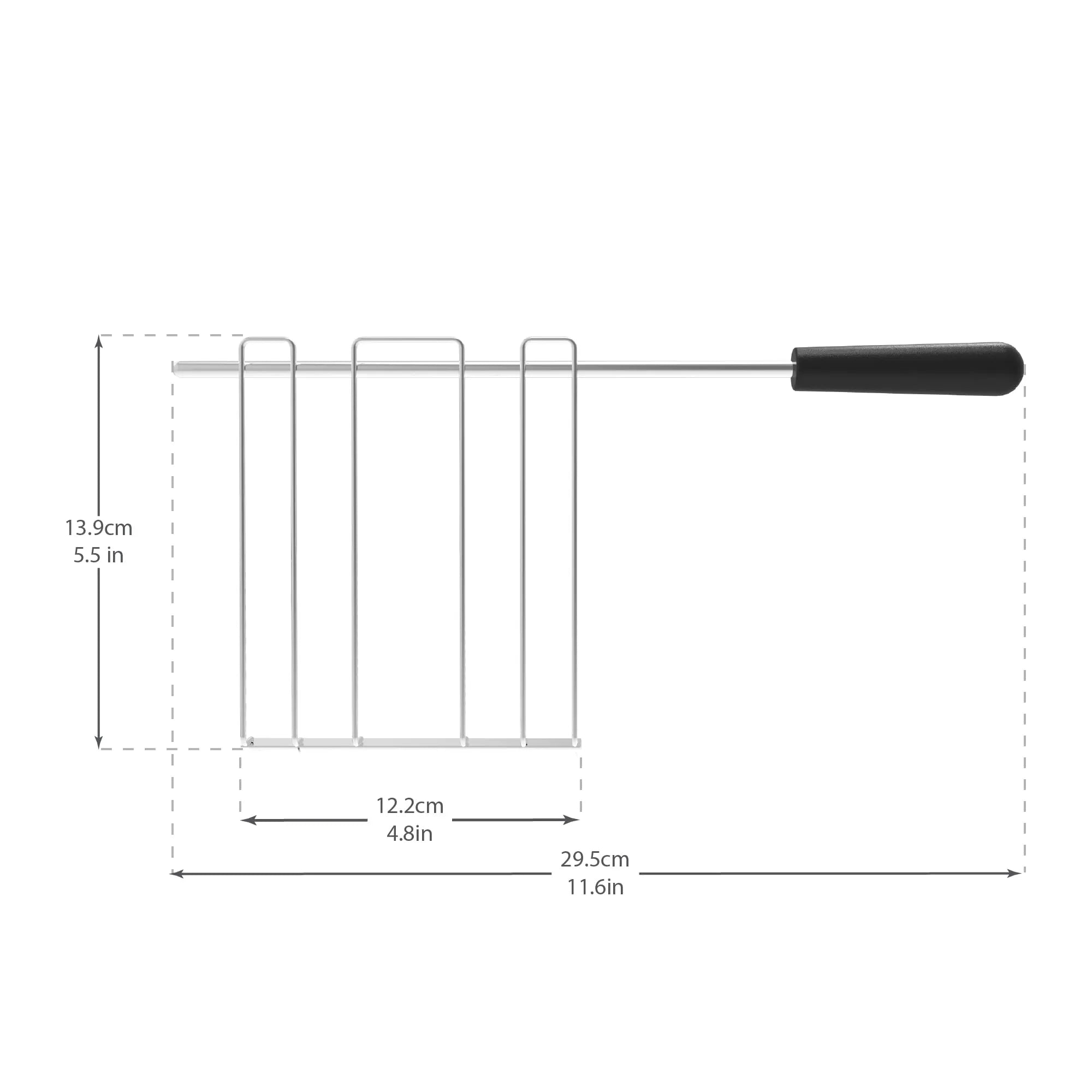 A sandwich cage with a black handle, shown with dimension lines and measurements on a white background.