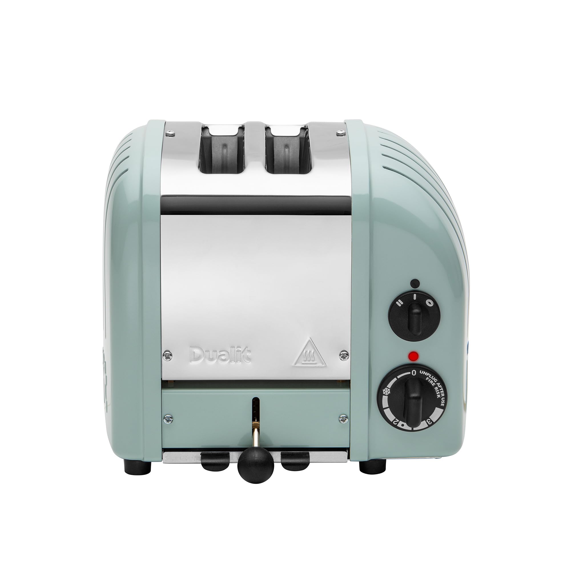 Mint green toaster with black knobs on a white background