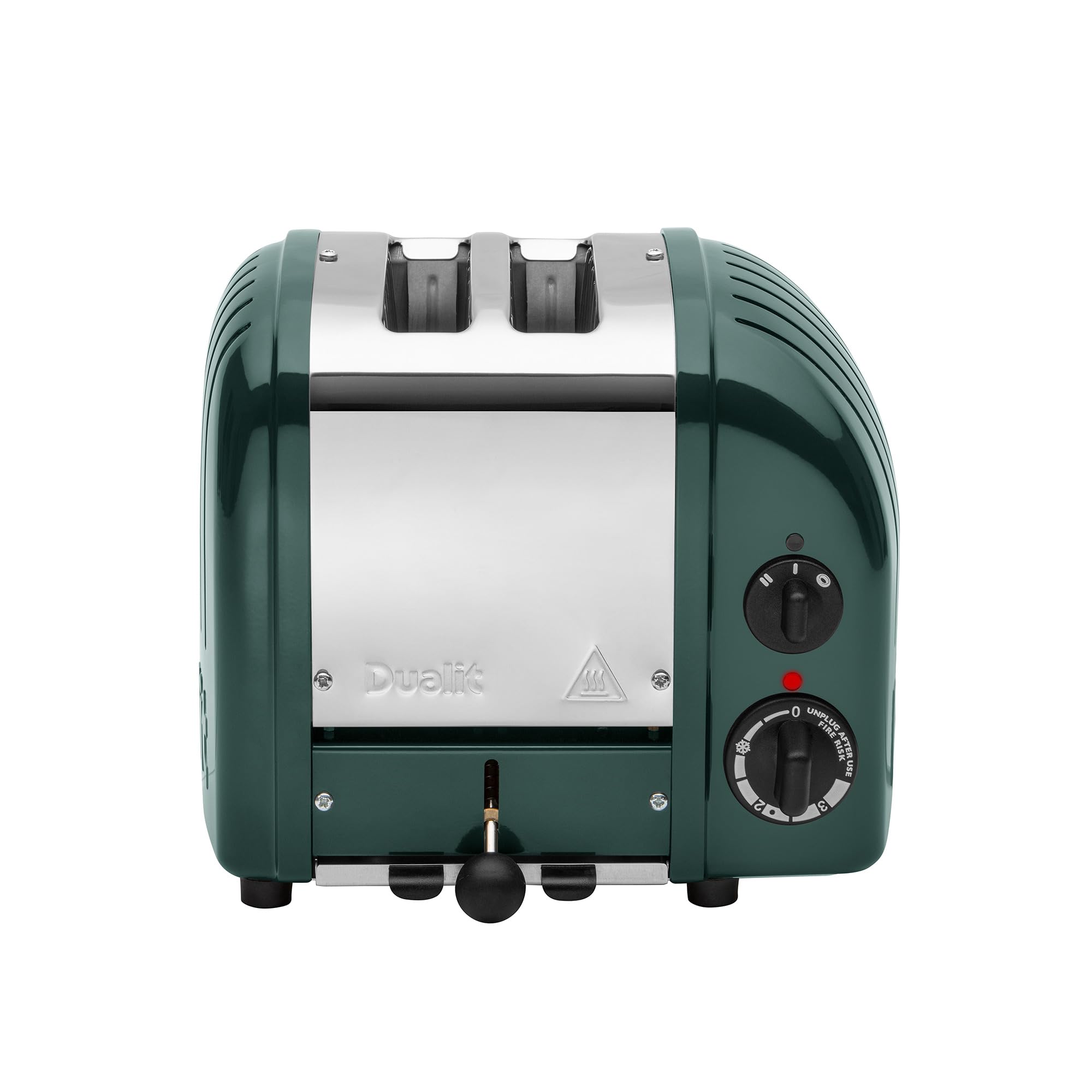 Green toaster with metal finish on a white background