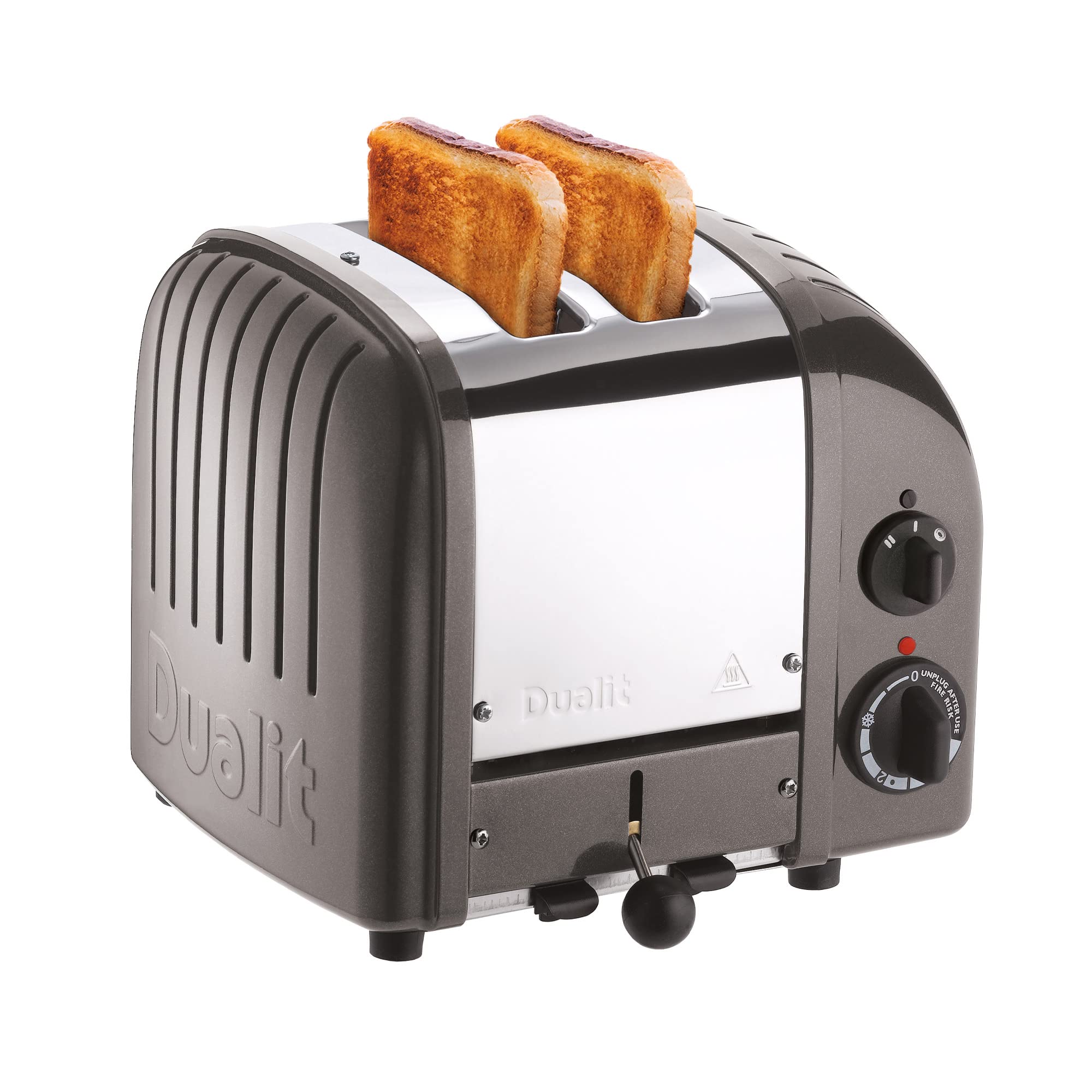 Dualit toaster with two slices of toast on a white background