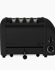 Black toaster with four slices of bread on a white background