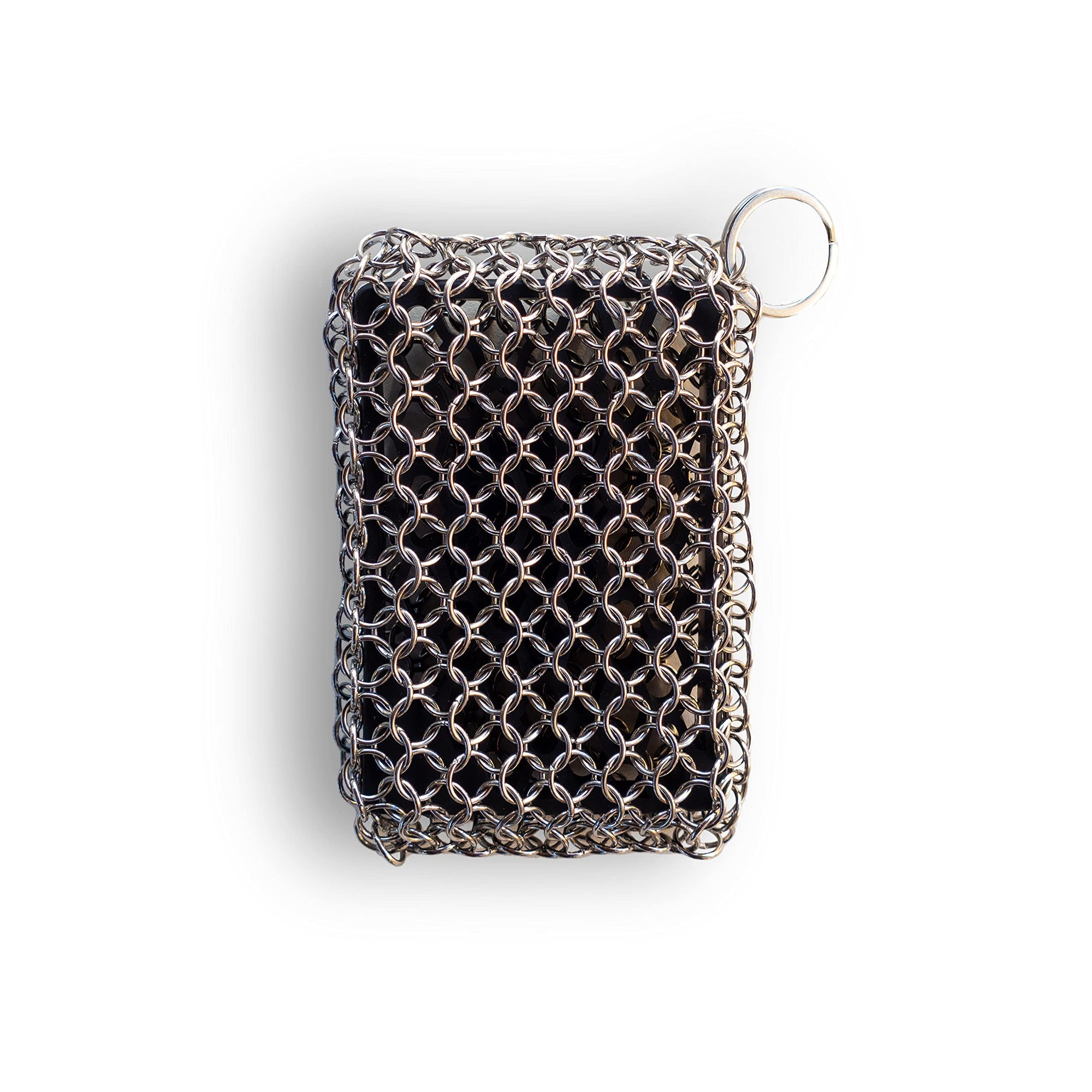 Metal chain link scrubber on a white background