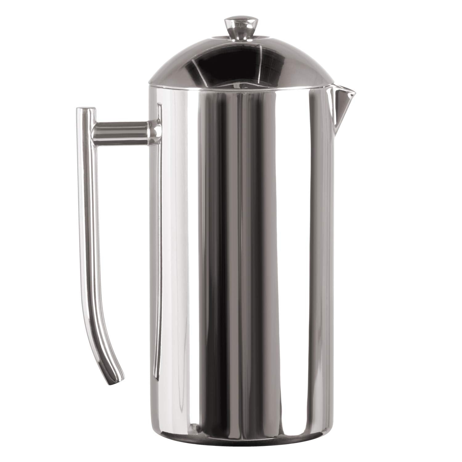 Stainless steel French press coffee maker on a white background