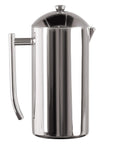 Stainless steel French press coffee maker on a white background