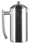 Stainless steel French press coffee maker on a white background