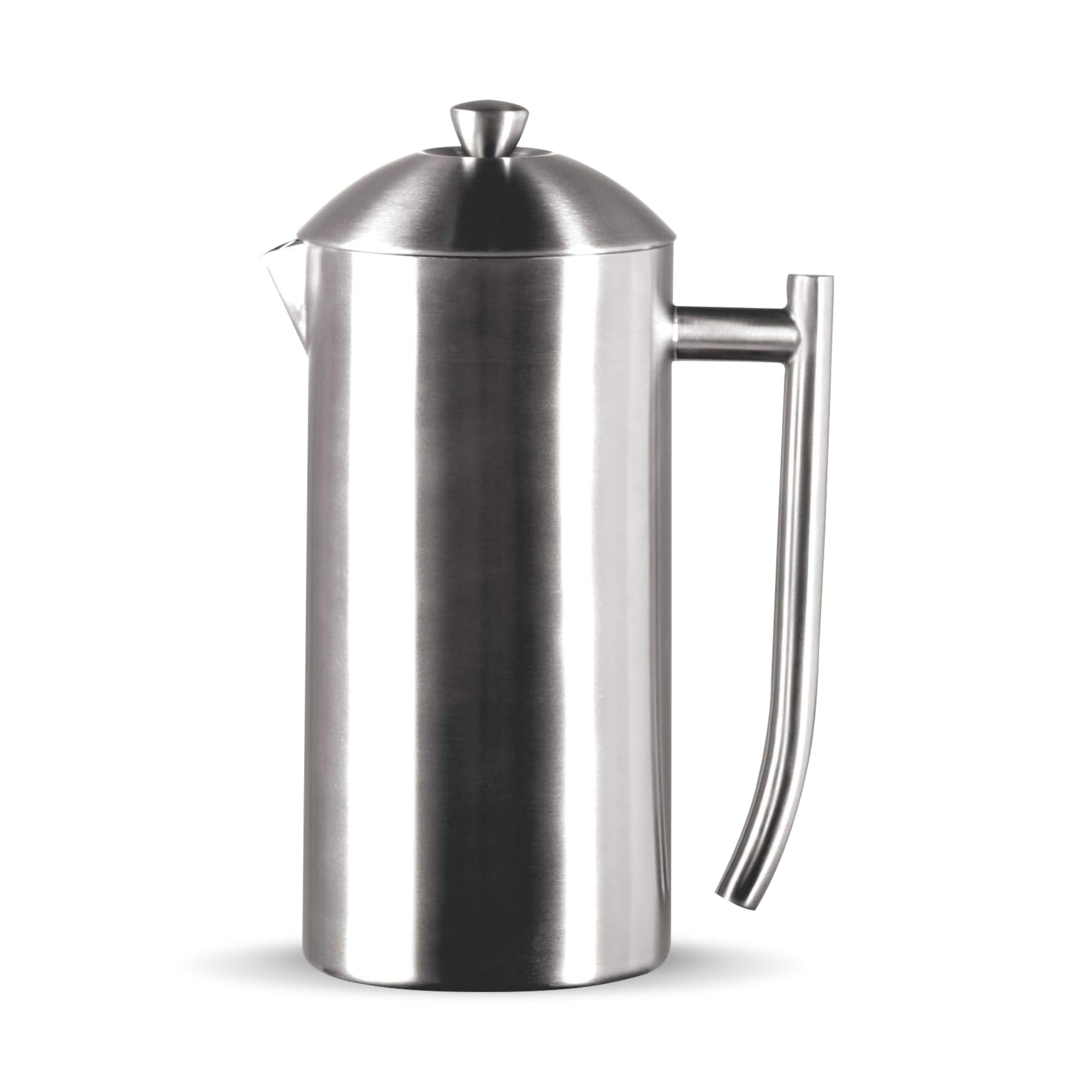 Stainless steel French press on a white background