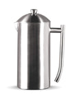 Stainless steel French press on a white background