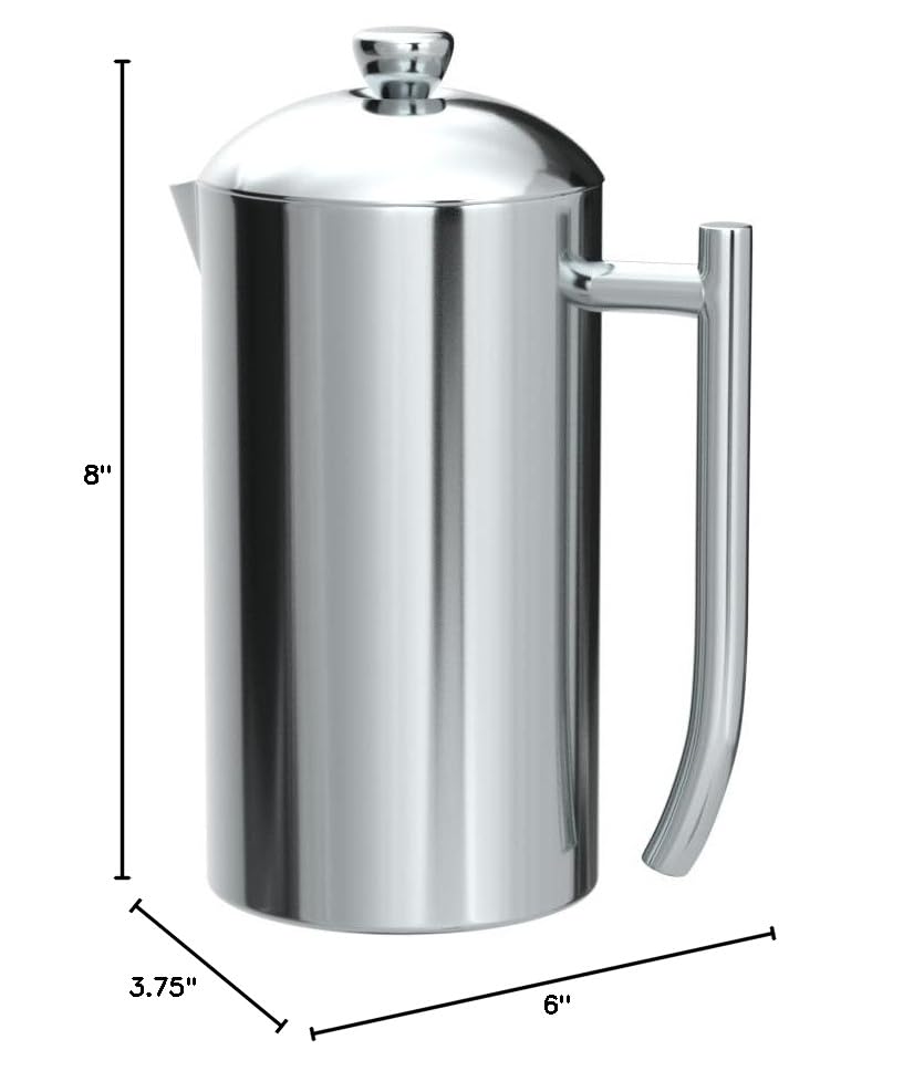 Stainless steel French press with dimensions on a white background