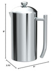 Stainless steel French press with dimensions on a white background