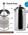 Stainless steel French press coffee maker with labeled parts on a white background
