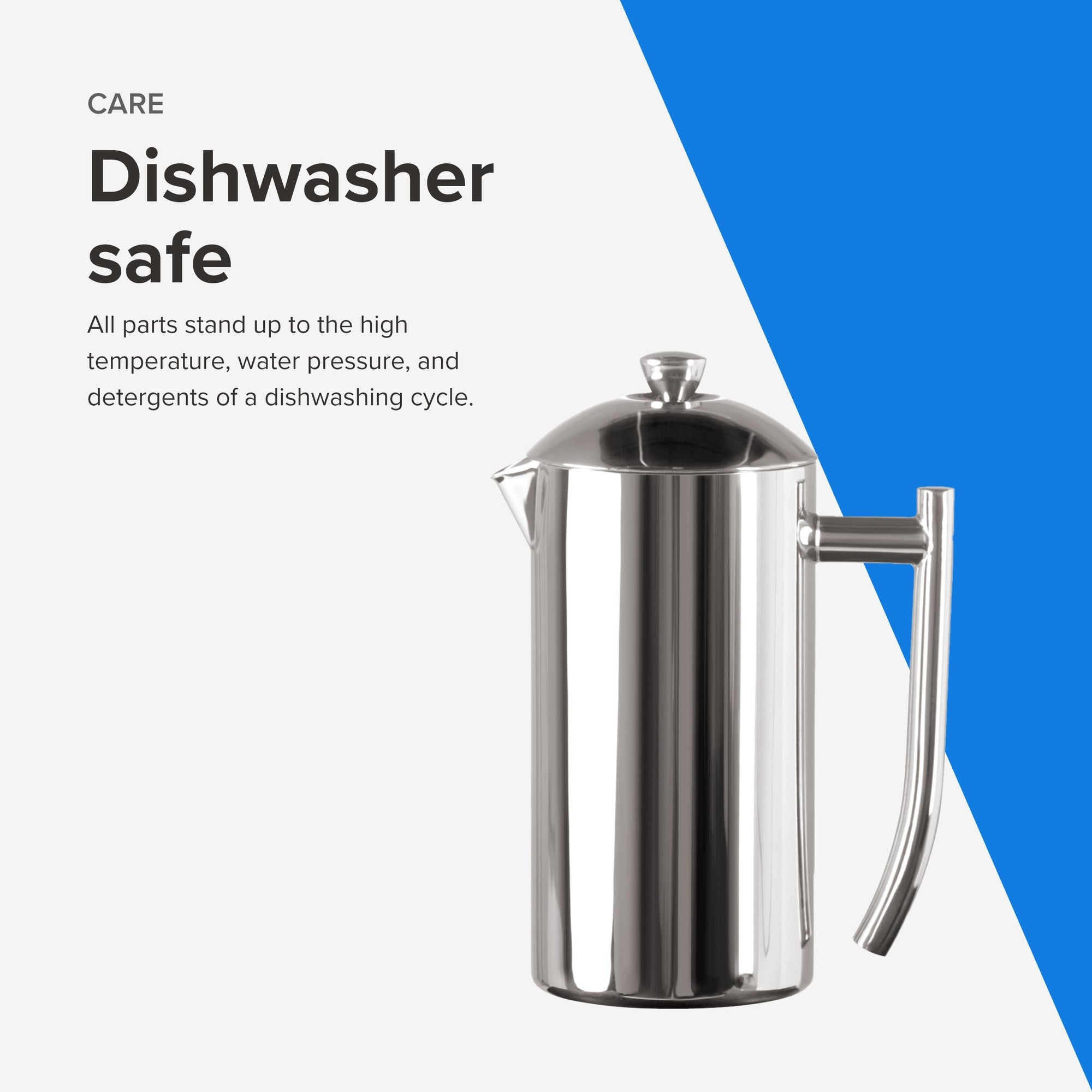Stainless steel French press with text about dishwasher safety on a white and blue background