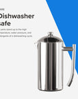 Stainless steel French press with text about dishwasher safety on a white and blue background