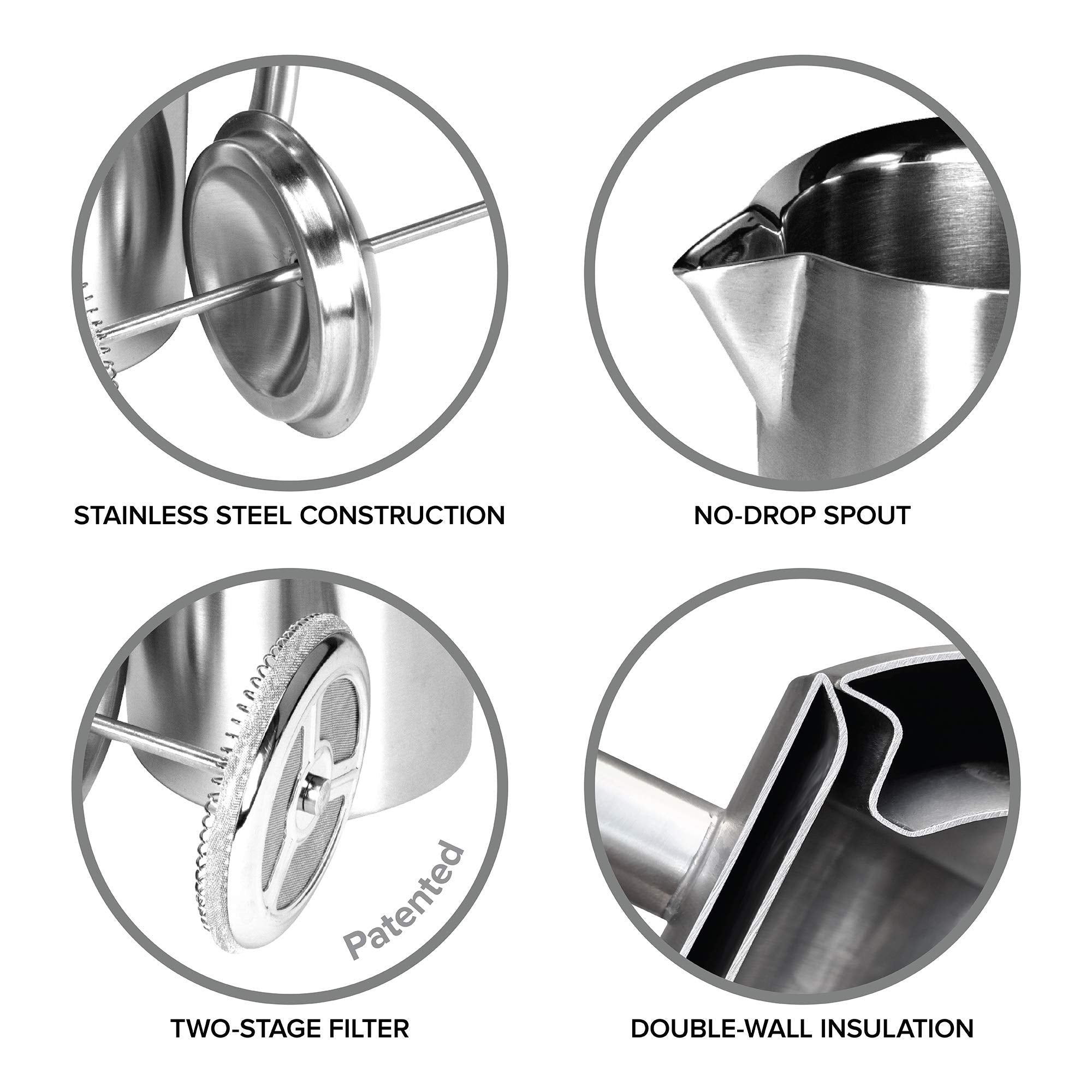 Stainless steel French press with features highlighted on a white background