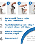 Step-by-step guide on how to make coffee using a manual coffee press.